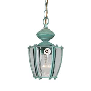 1-Light Verde Green Outdoor Coach Pendant Light with Clear Beveled Glass Shades