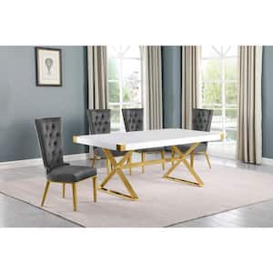 Miguel 5-Piece Rectangle White Wood Top Gold Stainless Steel Dining Set with 4 Dark Gary Velvet Chairs