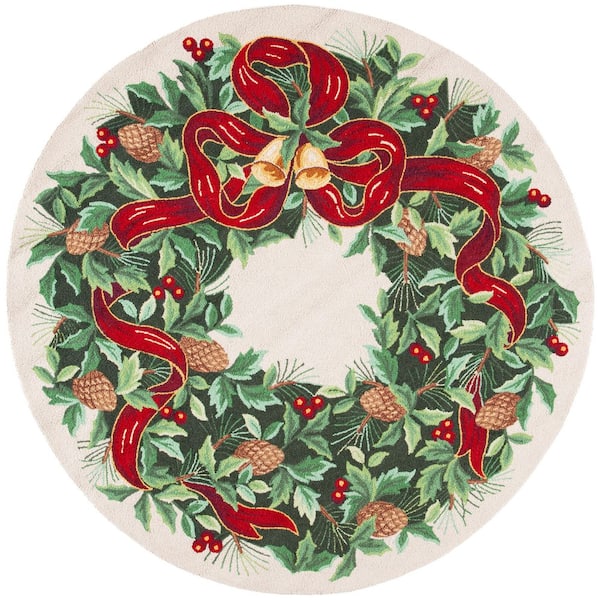 Vintage Posters 7 ft. x 7 ft. Round Ivory/Green Holiday Wreath Area Rug