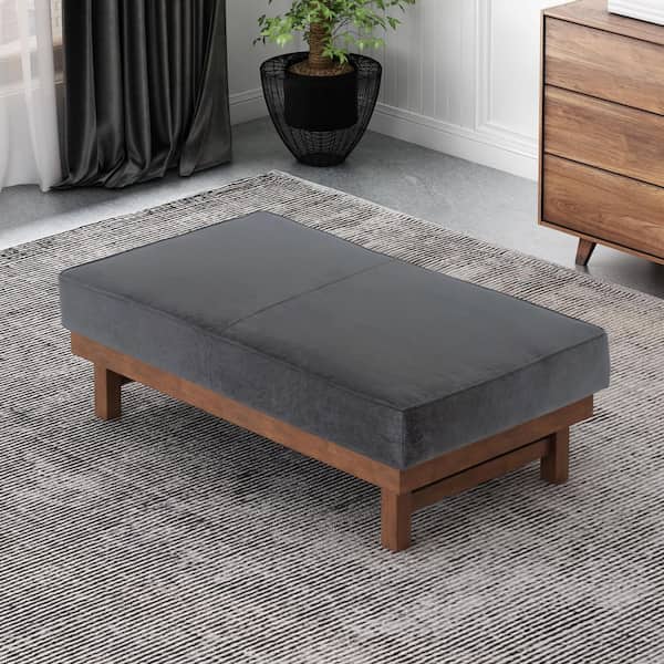 CHRISTOPHER KNIGHT HOME Clare Modern Upholstered Microfiber Cocktail Accent Ottoman with Wood Frame, Dark Gray and Walnut