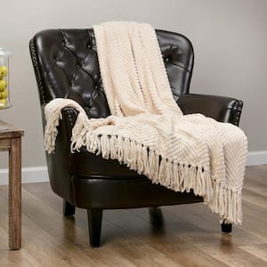 Textured Knit White Smoke Acrylic Polyester Throw Blanket with Tassels - 50 in. x 65 in.