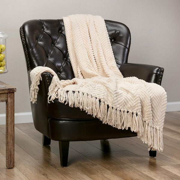 Textured Knit White Smoke Acrylic Polyester Throw Blanket with Tassels - 50 in. x 65 in.