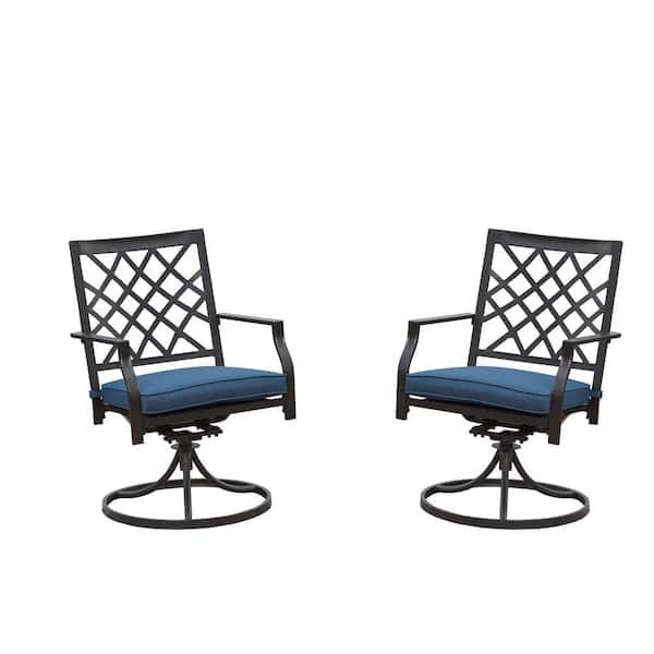 TOP HOME SPACE Black Metal Swivel Outdoor Bistro Dining Set Blue Cushion (2-Piece)