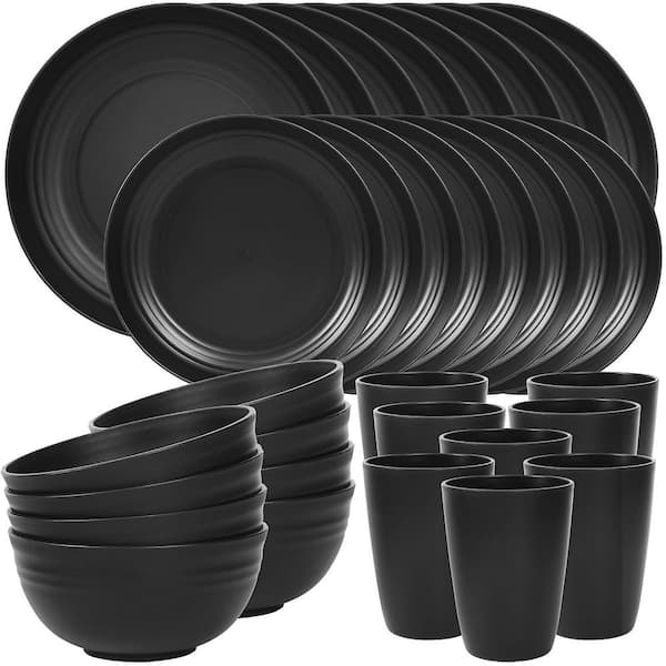 32-Piece Black Plastic Dinnerware Sets for 8, Unbreakable Plates and Bowls Sets for Camping, Dishwasher Microwave Safe