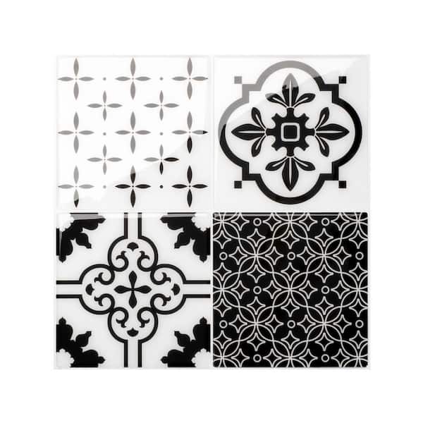 smart tiles Vintage Evora Black/White 9 in. x 9 in. Vinyl Peel and Stick Tile (2.80 sq. ft./4-pack)