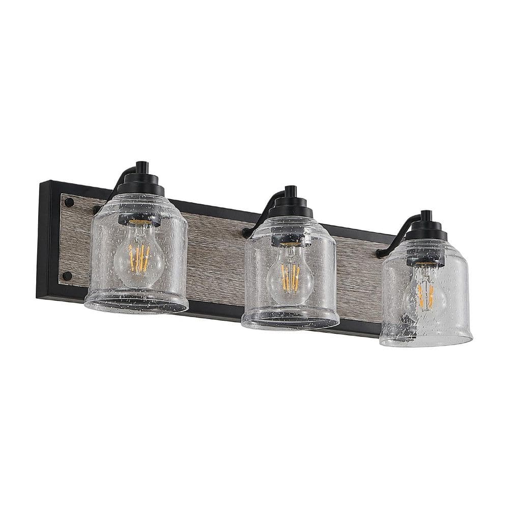 23 in. 3 Light Metal Black and Wood Grain Bathroom Vanity Light Wall Sconce with Clear Granular Glass Shade (No Bulbs) price history on PriceWatchPro