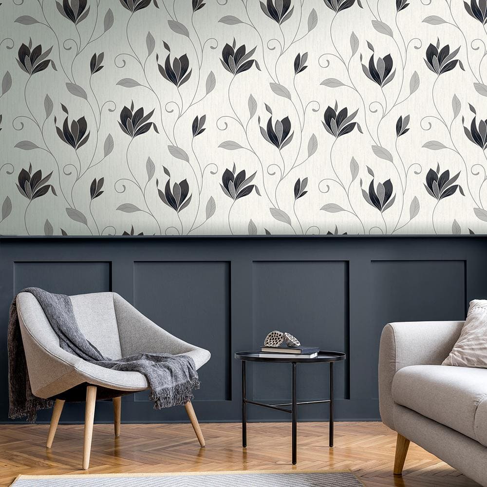 Synergy Black and Silver Floral Removable Wallpaper, 20.5" x 33'