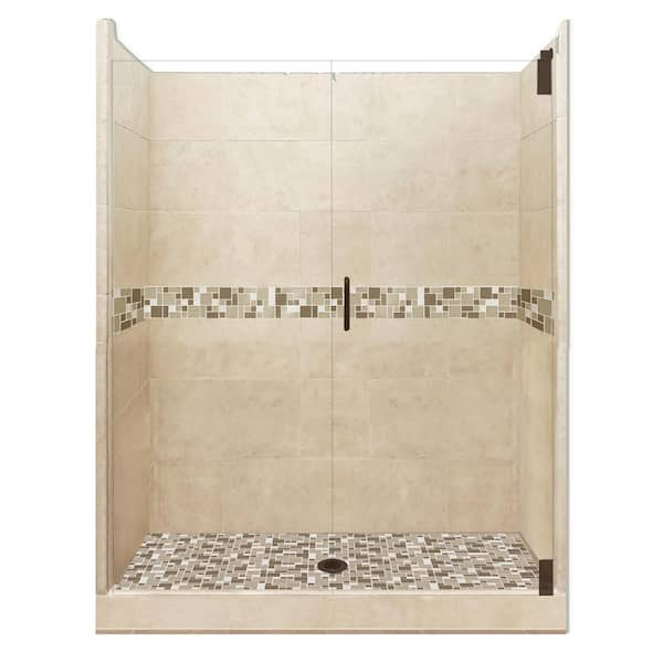 American Bath Factory Tuscany Grand Hinged 42 in. x 54 in. x 80 in. Center Drain Alcove Shower Kit in Brown Sugar and Old Bronze Hardware