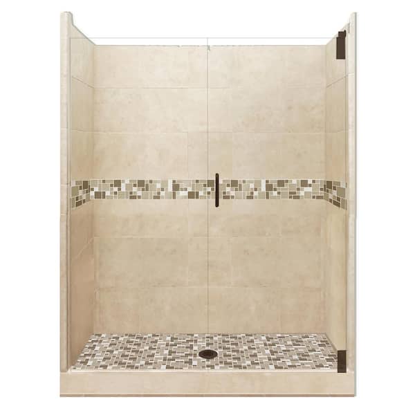 American Bath Factory Tuscany Grand Hinged 32 in. x 60 in. x 80 in. Center Drain Alcove Shower Kit in Brown Sugar and Old Bronze Hardware