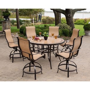 Monaco 7-Piece Aluminum Outdoor High Dining Set with Round Tile-top Table and Contoured Sling Swivel Chairs