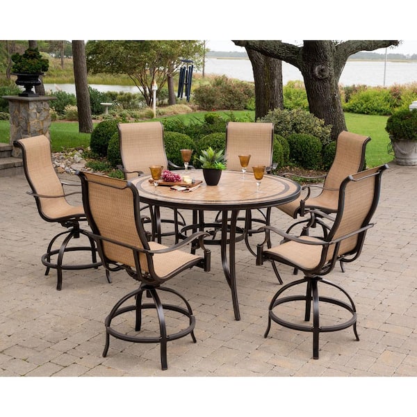 Hanover Monaco 7-Piece Aluminum Outdoor High Dining Set with Round Tile-top Table and Contoured Sling Swivel Chairs