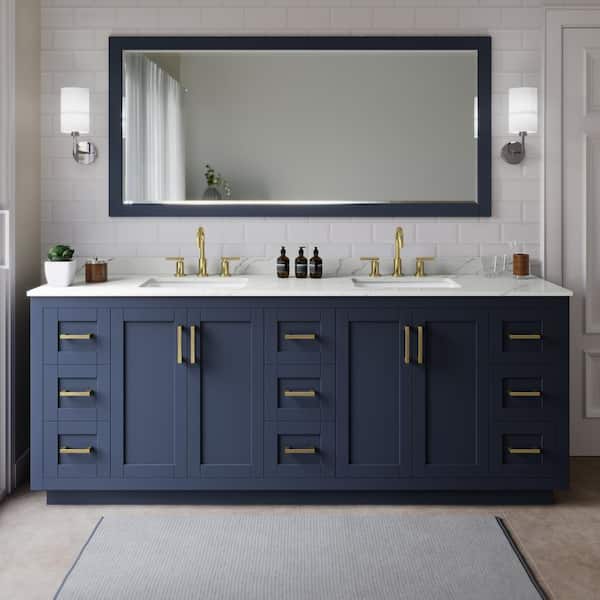 Wyndham Collection Miranda 84 in. W x 22 in. D x 33.75 in. H Double Bath Vanity in Dark Blue with Giotto Quartz Top and 70 in. Mirror