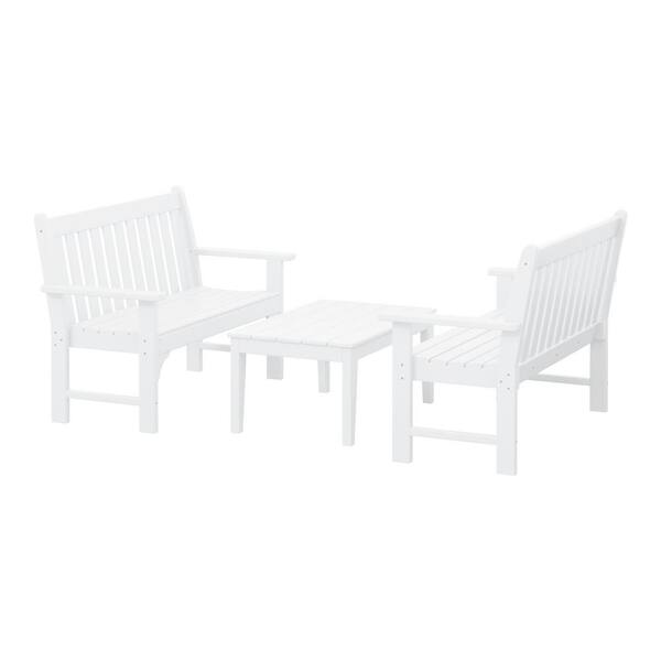 WESTIN OUTDOOR Laguna Outdoor HDPE Plastic Fade Resistant 3-Piece Garden Bench Patio Conversation Set with Coffee Table in White
