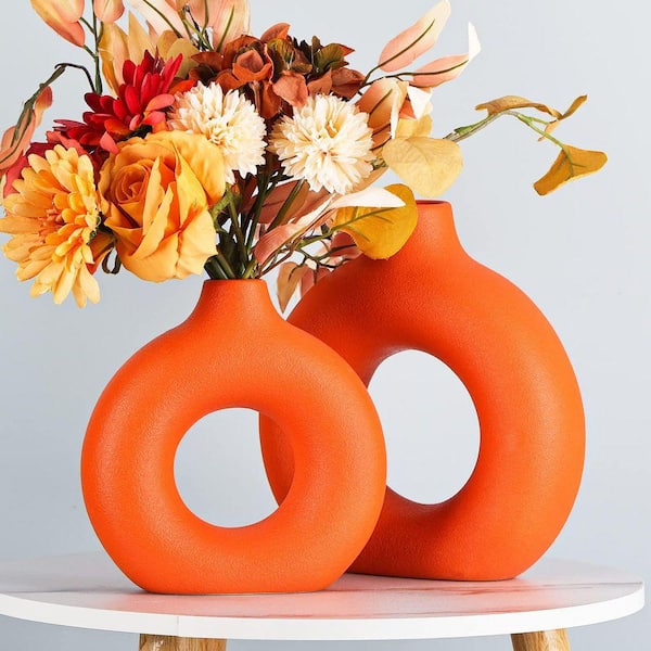8.6 in Orange Ceramics Vase for Home Decor, Minimalist Nordic Hollow Donut Vase Set of 2, Modern Boho Decor MKCV39N76-O