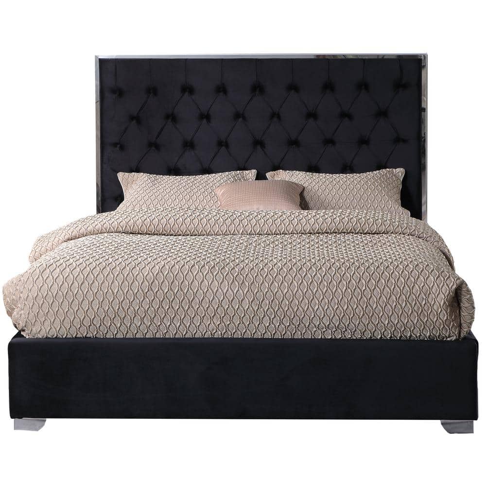 Kressa Black Velvet Tufted Queen Platform Bed with Upholstered Headboard