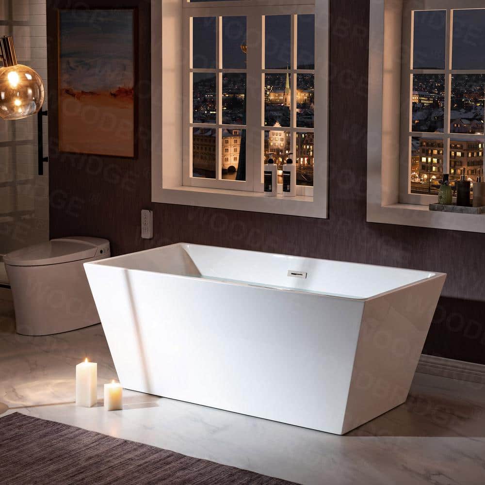59'' White Acrylic Freestanding Rectangular Soaking Bathtub