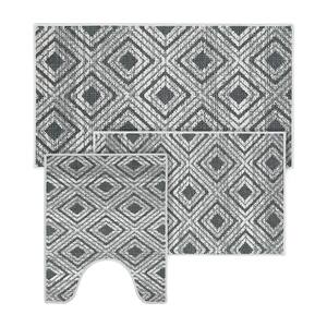 Gray II Color Geometric Daimond Design Cotton Non-Slip Washable Thin 3-Piece Bathroom Rugs Sets