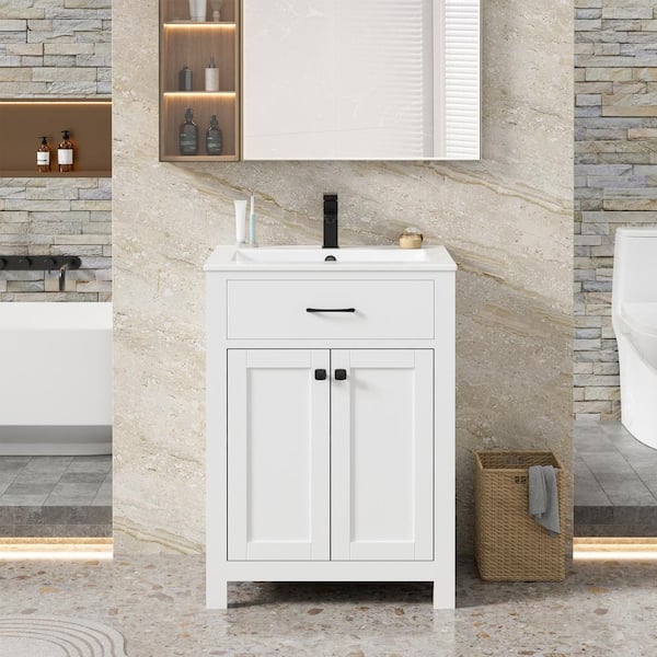 eclife 24 in. W x 19 in. D x 34 in. H 1-Sink Freestanding Bath Vanity in White with White Ceramic Top and Drain Faucet Set