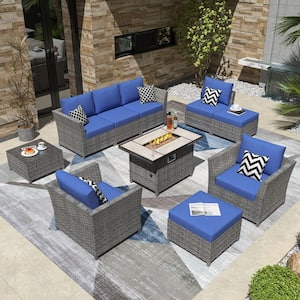 Bexley Gray 10-Piece Wicker Rectangle Fire Pit Patio Conversation Seating Set with Navy Blue Cushions