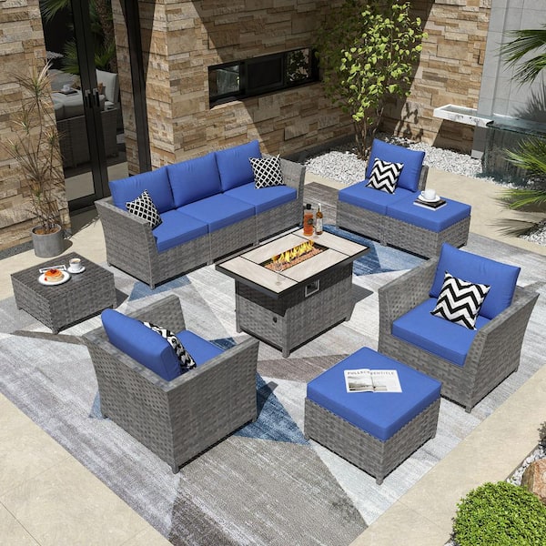 OVIOS Bexley Gray 10-Piece Wicker Rectangle Fire Pit Patio Conversation Seating Set with Navy Blue Cushions