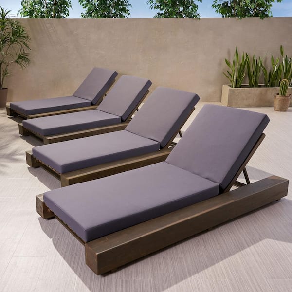 Noble House Broadway Sandblast Grey 4-Piece Wood Outdoor Chaise Lounge with Dark Grey Cushions