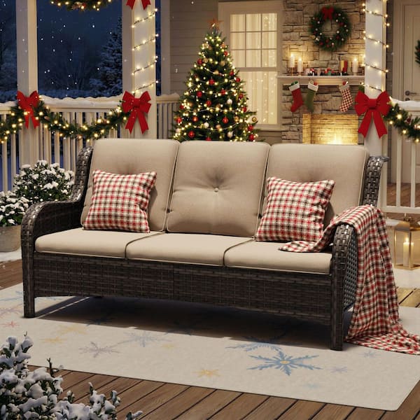 3-Seat Wicker Outdoor Patio Sofa Sectional Couch with Beige Cushions