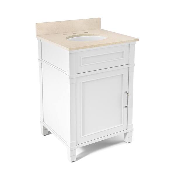 Alaterre Furniture Williamsburg 25 in. W x 22 in. D Vanity in White with Marble Vanity Top in Beige with White Basin