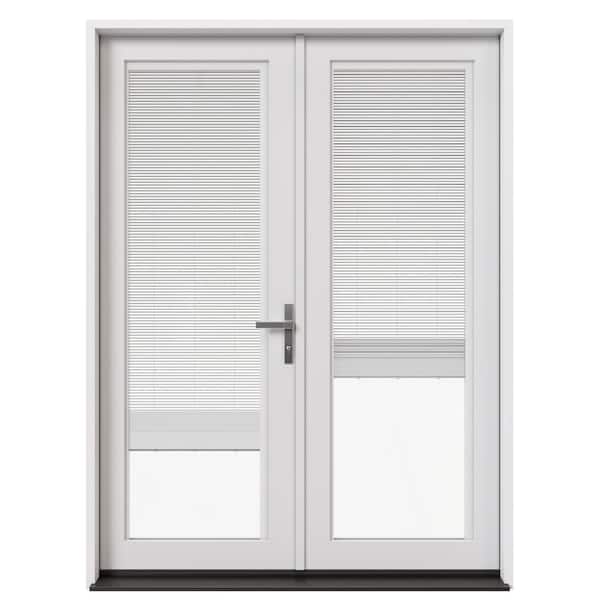 60 in. x 80 in. Left-Hand/Inswing Primed Fiberglass French Patio Door w/ Low-E Glass, Blinds and Nickel Handle