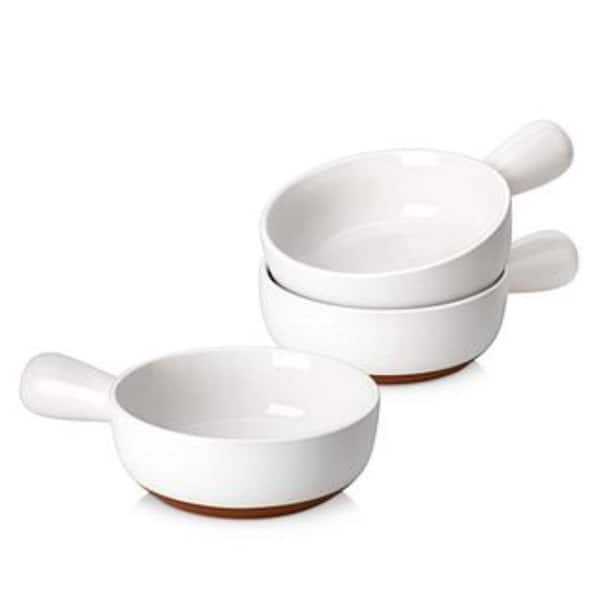 20 oz. 6.25 in. White and Khaki Stoneware Bowls with Handle, Set of 3, Soup Bowl Salad Cereal Bowl for Pasta Soup Fruit