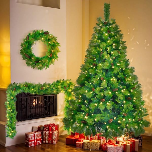 3-Piece Artificial Christmas Tree Set, 6 ft. Pre-lit Xmas Tree, Garland and Wreath