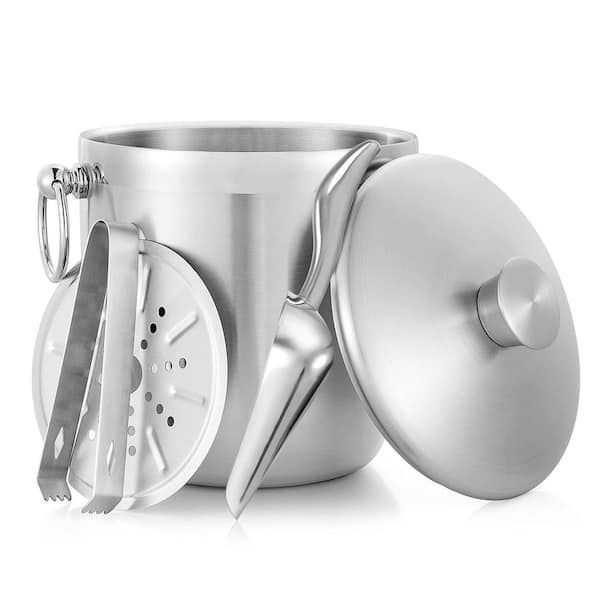 7 in. 3.2 qt. Silver Stainless Steel Ice Bucket with Lid, Scoop, Tongs and Strainer, Well Made Insulated Stainless Steel