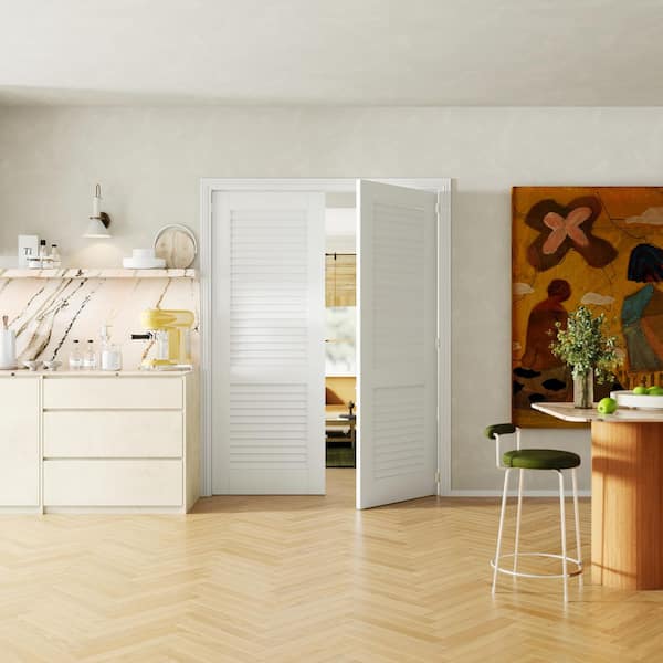 60 in. x 80 in. Louvered White Primed Pine Wood Core Double Pre-Hung French Door with Quick Assemble Jamb