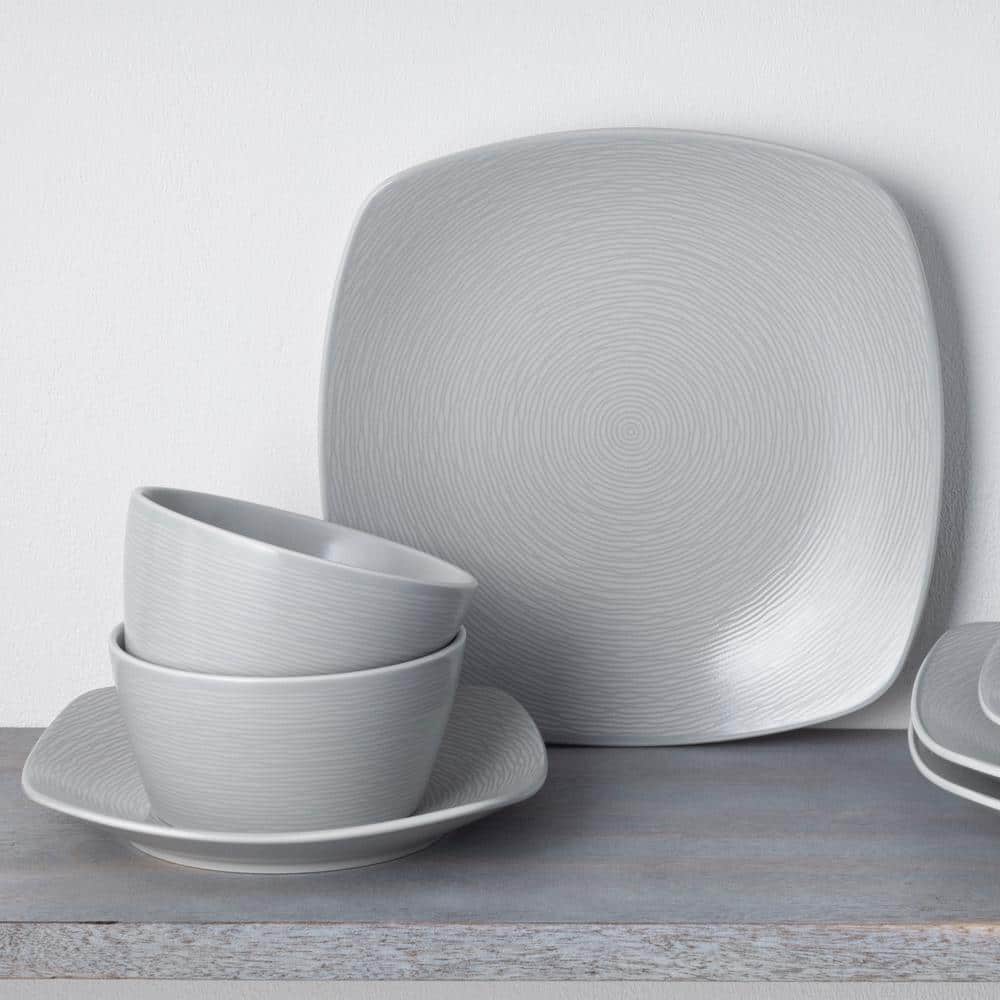 Grey Porcelain Swirl Square Dinnerware Set for Four