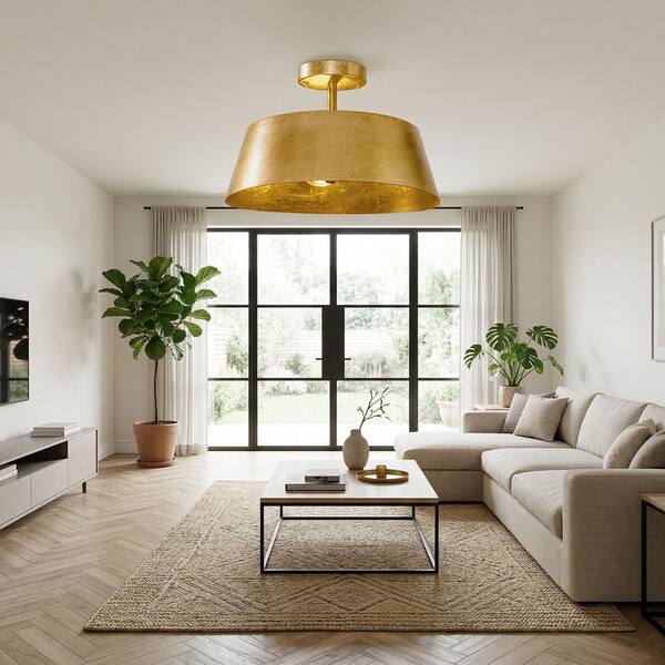 IHOMEadore 14.57 in. 3-Light Antique Gold Semi-Flush Mount Drum