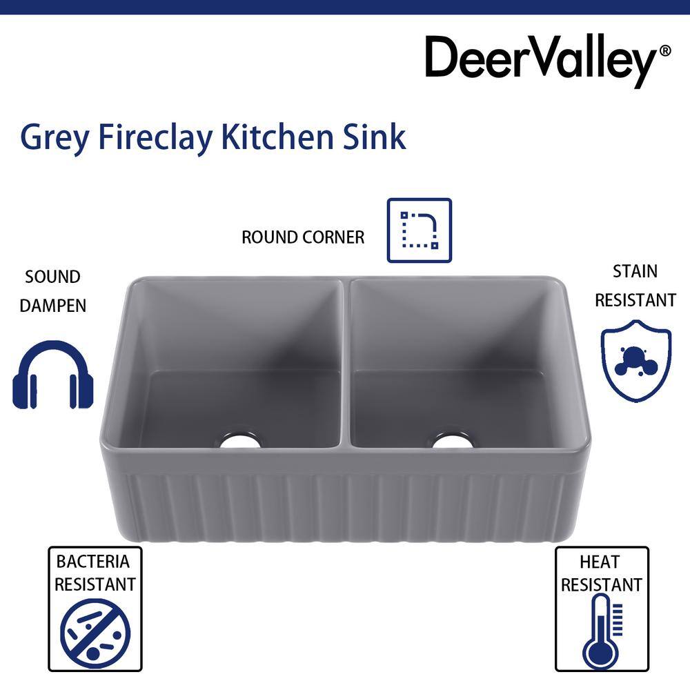 Gray Fireclay Double Bowl Farmhouse Kitchen Sink with Grid and Strainer