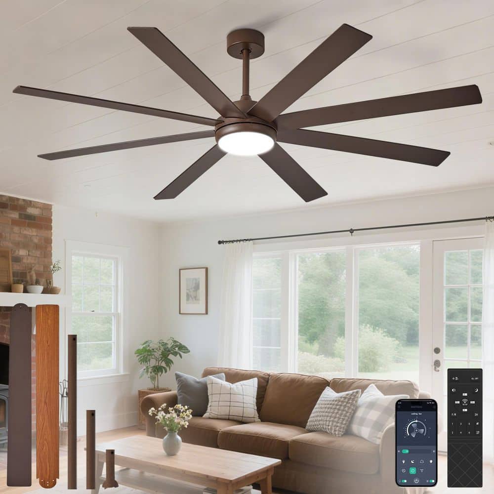 66 in. Brown Brushed Walnut 8 Blades Downrod Mount Large Ceiling Fan with Lights Included 3CCT Dimmable APP Remote price history on PriceWatchPro