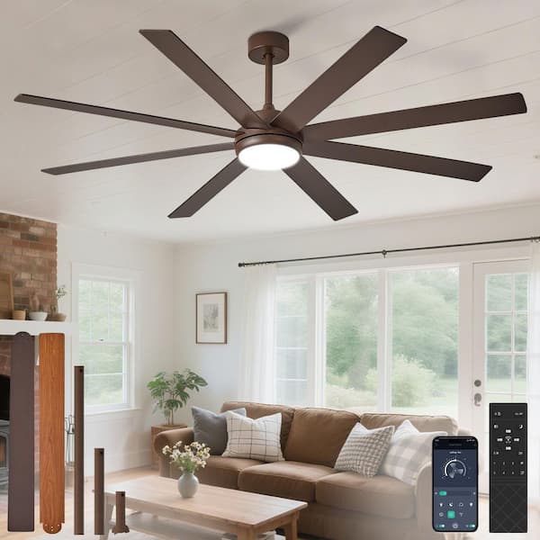 66 in. Brown Brushed Walnut 8 Blades Downrod Mount Large Ceiling Fan with Lights Included 3CCT Dimmable APP Remote