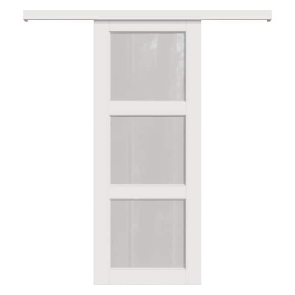 ARK DESIGN 32 in. x 96 in. Hidden Track Style 3 Lite Tempered Frosted Glass White Primed MDF Sliding Barn Door with Hardware Kit