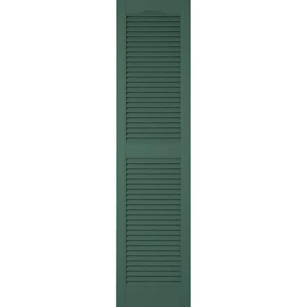 Ekena Millwork 14-1/2 in. x 67 in. Lifetime Vinyl Custom Cathedral Top Center Mullion Open Louvered Shutters Pair Forest Green