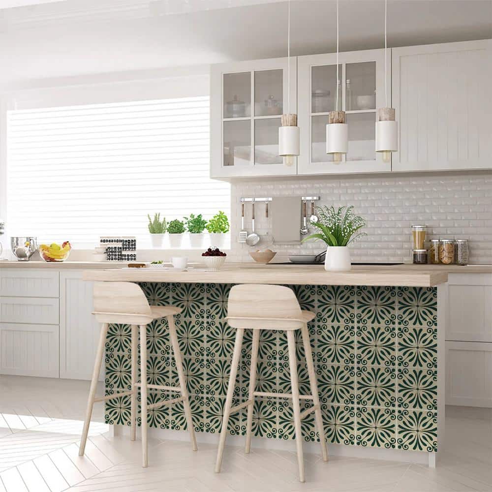 Dark Green and Antique White Vinyl Peel and Stick Tile 8x8