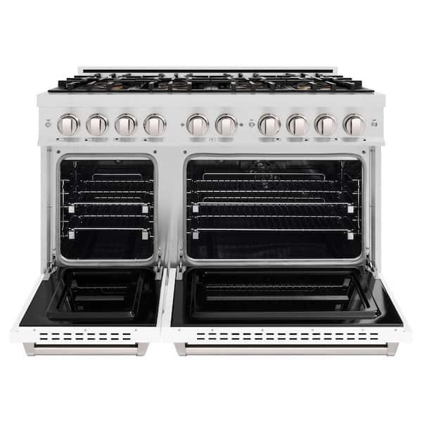 48 in. 6.7 cu. ft. Classic Dual Fuel Range with 8 Burner DuoPro Cooktop and Dual Ovens in Satin Stainless and White
