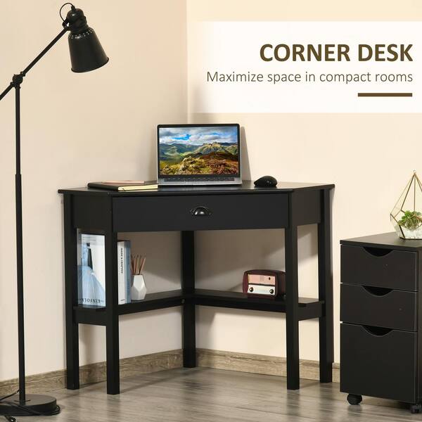 HOMCOM Corner Desk Triangle Computer Desk with Drawer and Storage Shelves  for Small Space Home Office Workstation for Living Room Bedroom White