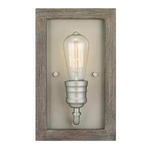 Palermo Grove 7 in. 1-Light Antique Nickel Farmhouse Sconce with Painted Weathered Gray Wood Accents
