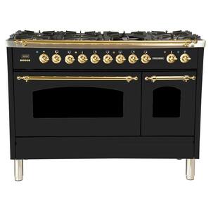 48 in. 5.0 cu. ft. Double Oven Dual Fuel Italian Range True Convection, 7 Burners, Griddle, Brass Trim in Glossy Black