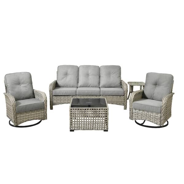 Vinceny Gray 5-Piece Wicker Patio Conversation Set with Dark Gray Cushions and Swivel Chairs
