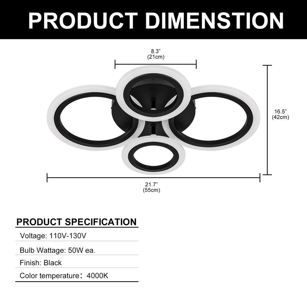 Modern Black Metal LED Ceiling Light with 4 Rings