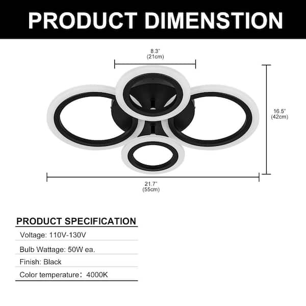 Huilefu Modern Ring Ceiling Light - 100 Cm, Black, Dimmable LED, Remote Control, 4 Ring Acrylic Flush Mount - View #6