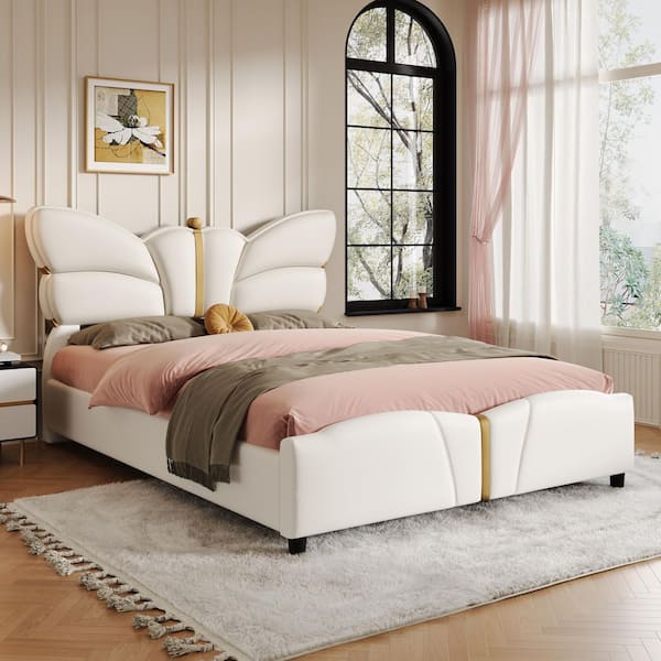 Rowan Beige PU Leather Upholstered Wood Frame Queen Size Platform Bed with Butterfly Shaped Headboard and Footboard