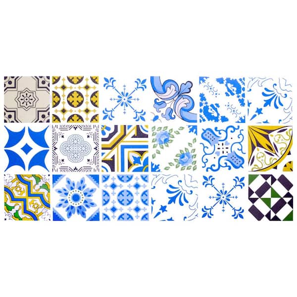 Dundee Deco Falkirk Bhoid Cobalt Blue Yellow Green Shapes in Squares Vinyl Peel and Stick Self Adhesive Wallpaper (Covers 36 sq ft)