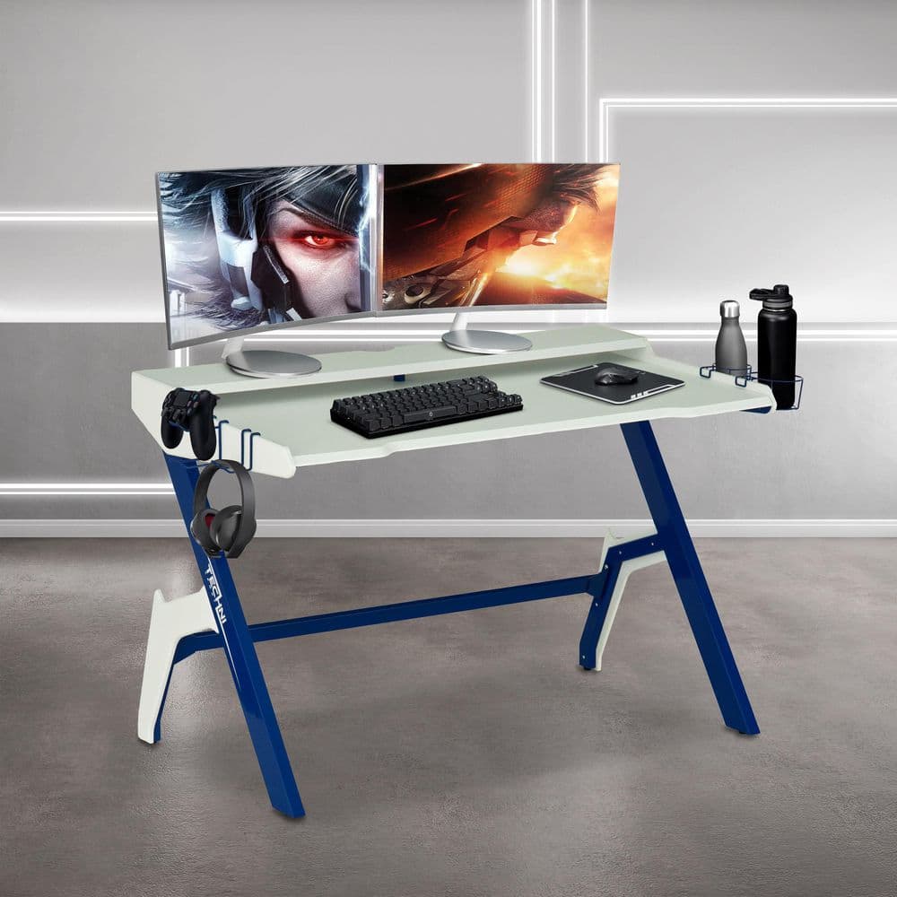Techni Sport Ergonomic Computer Gaming Desk Workstation with Cupholder &  Headphone Hook, Blue RTA-TS206D-BL - The Home Depot